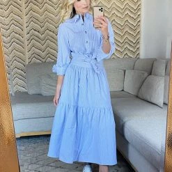 BURU Pink Label Ruffle Collar Blouse - Blue & White Oxford Stripe