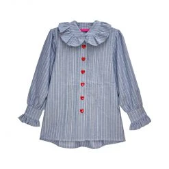 BURU Pink Label Ruffle Collar Blouse - Blue And Red Oxford