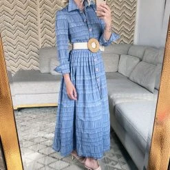 BURU Pink Label Long Sleeve Shirtdress - Blue Textured Rose 17 BURU Pink Label Long Sleeve Shirtdress - Blue Textured Rose