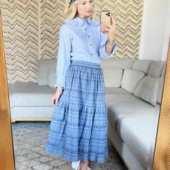 BURU Pink Label Ruffle Collar Blouse - Blue & White Oxford Stripe