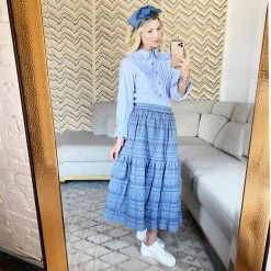 BURU Pink Label Ruffle Collar Blouse - Blue & White Oxford Stripe