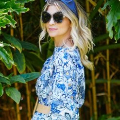 BURU White Label Button Sleeve Blouse - Blue Leaves