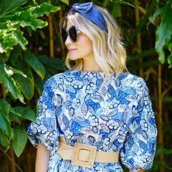 BURU White Label Button Sleeve Blouse - Blue Leaves