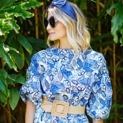 BURU White Label Button Sleeve Blouse - Blue Leaves