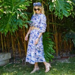 BURU White Label Smocked Waist MIDI Skirt - Blue Leaves Bottoms