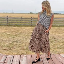 BURU White Label Smocked Waist Tiered MIDI Skirt - Tan Cheetah