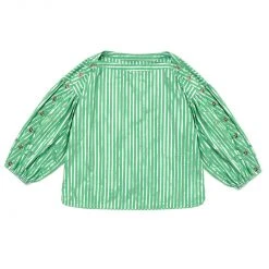 BURU White Label Cropped Button Sleeve Blouse - Green & Silver Pinstripe