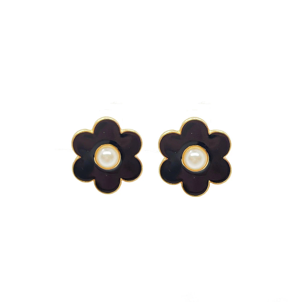 Buru Accessories Enamel & Pearl Daisy Earrings - Black 4 Buru Accessories Enamel & Pearl Daisy Earrings - Black