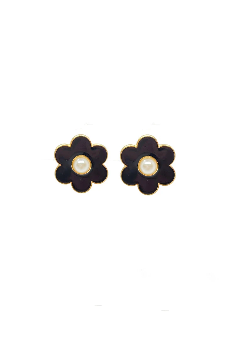 Buru Accessories Enamel & Pearl Daisy Earrings - Black 3 Buru Accessories Enamel & Pearl Daisy Earrings - Black