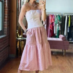 BURU Pink Label BURU X TSCS Tiered Midi Skirt - Pink Gingham Clothing 14 BURU Pink Label BURU X TSCS Tiered Midi Skirt - Pink Gingham Clothing