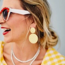 Buru Accessories Round Pin Earrings - Yellow Gingham