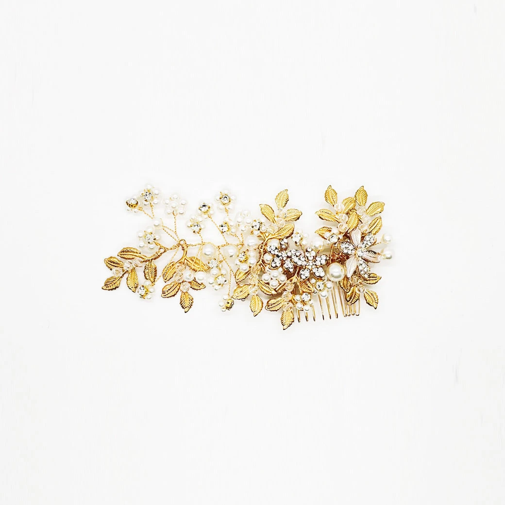 BURU Accessories Le Fleur Pearl & Rhinestone Comb - Gold 6 BURU Accessories Le Fleur Pearl & Rhinestone Comb - Gold