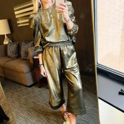 BURU Pink Label Clothing BURU X JUJU Long Puff Sleeve Top - Gold Knit