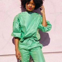 BURU White Label Cropped Button Sleeve Blouse - Green & Silver Pinstripe