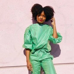 BURU White Label Cropped Button Sleeve Blouse - Green & Silver Pinstripe