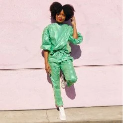 BURU White Label Cropped Button Sleeve Blouse - Green & Silver Pinstripe