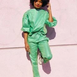 BURU White Label Cropped Button Sleeve Blouse - Green & Silver Pinstripe