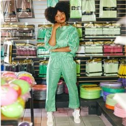 BURU White Label Cropped Button Sleeve Blouse - Green & Silver Pinstripe