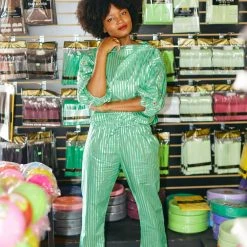 BURU White Label Everyday Pants - Green & Silver Pinstripe Clothing