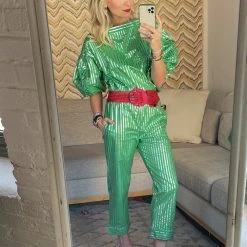 BURU White Label Cropped Button Sleeve Blouse - Green & Silver Pinstripe