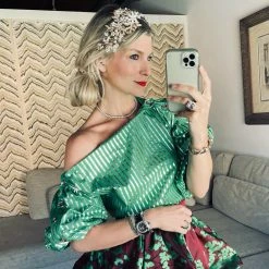 BURU White Label Cropped Button Sleeve Blouse - Green & Silver Pinstripe