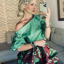 BURU White Label Cropped Button Sleeve Blouse - Green & Silver Pinstripe