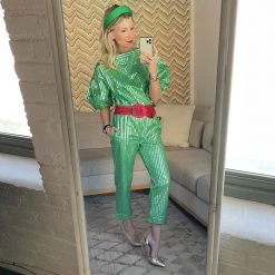 BURU White Label Cropped Button Sleeve Blouse - Green & Silver Pinstripe