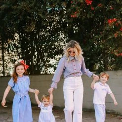 BURU Pink Label Ruffle Collar Blouse - Blue And Red Oxford