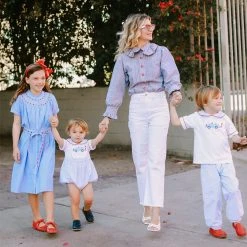 BURU Pink Label Ruffle Collar Blouse - Blue And Red Oxford