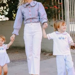 BURU Pink Label Ruffle Collar Blouse - Blue And Red Oxford