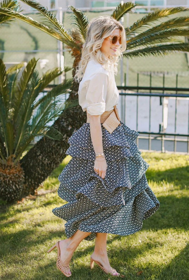 BURU White Label Teagan Tiered Skirt MIDI - Navy Eyelet Clothing 3 BURU White Label Teagan Tiered Skirt MIDI - Navy Eyelet Clothing