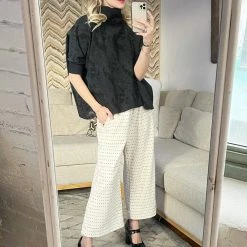 BURU Pink Label Wide Leg Cropped Trouser - Ivory Dot Knit Clothing