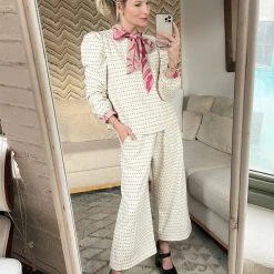 BURU Pink Label Wide Leg Cropped Trouser - Ivory Dot Knit Clothing