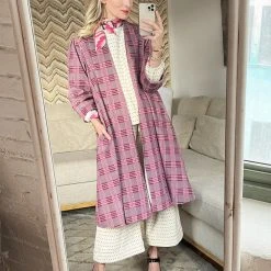 BURU Pink Label Swing Coat Knee Length - Pink Plaid Corduroy