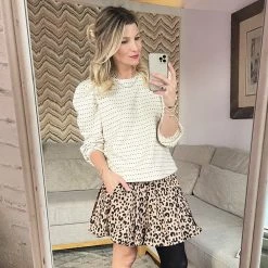 BURU Pink Label Long Sleeve Puff Sleeve Top - Ivory Dot Knit