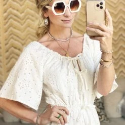 BURU White Label On And Off The Shoulder Dress - White Eyelet Clothing 13 BURU White Label On And Off The Shoulder Dress - White Eyelet Clothing