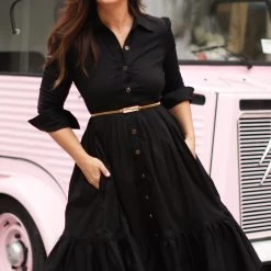 BURU Pink Label BURU X Mara Martin Tiered Shirtdress - Black Poplin -PRE-SALE