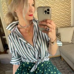 BURU White Label Mel Mixed Button Down Shirt - Jade & Gold Stripe Tops