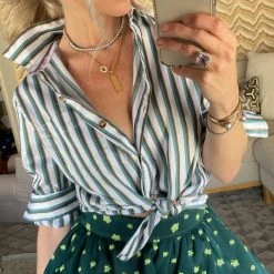 BURU White Label Mel Mixed Button Down Shirt - Jade & Gold Stripe Tops