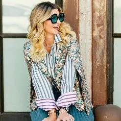 BURU White Label Mel Mixed Button Down Shirt - Jade & Gold Stripe Tops