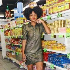 BURU White Label Puff Sleeve T-Shirt Dress - Metallic Black