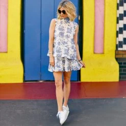 BURU White Label Clothing Smocked Waist Circle Skirt Mini - Blue Toile - Final Sale