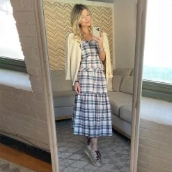 BURU Pink Label Nat Note Reversible Tiered Skirt - Navy Plaid & Oxford Pinstripe Bottoms