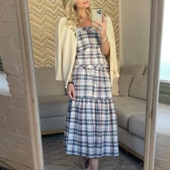 BURU Pink Label Nat Note Reversible Tiered Skirt - Navy Plaid & Oxford Pinstripe Bottoms