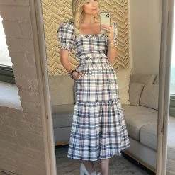 BURU Pink Label Nat Note Reversible Tiered Skirt - Navy Plaid & Oxford Pinstripe Bottoms