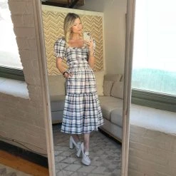 BURU Pink Label Nat Note Reversible Tiered Skirt - Navy Plaid & Oxford Pinstripe Bottoms