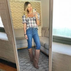 BURU Pink Label Nat Note Square Neck Puff Sleeve Top - Navy Plaid