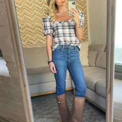 BURU Pink Label Nat Note Square Neck Puff Sleeve Top - Navy Plaid