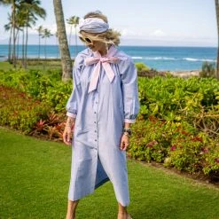 BURU Pink Label Clothing Bow Housecoat - Blue Oxford Cloth