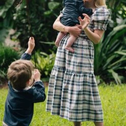 BURU Pink Label Nat Note Square Neck Puff Sleeve Top - Navy Plaid